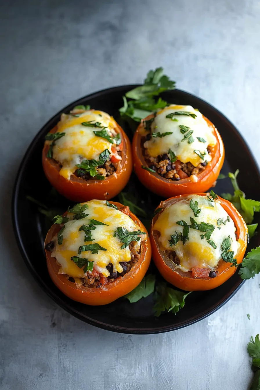 Platter of taco stuffed tomatoes arranged for serving