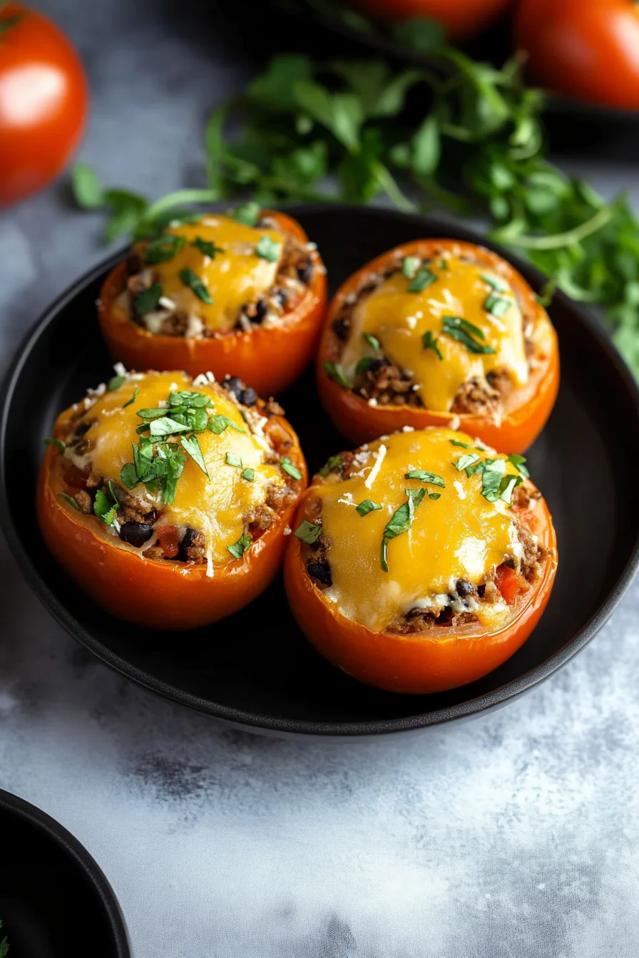 Colorful stuffed tomatoes with toppings like lettuce and salsa