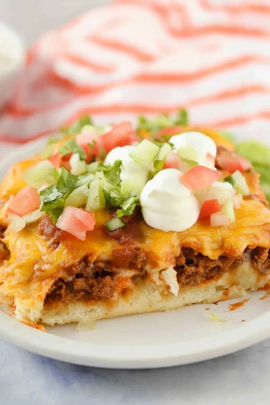 Close-up of flaky pastry layers over seasoned meat