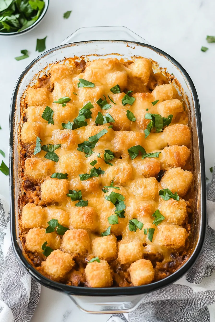 Overhead view of baked casserole fresh from the oven.
