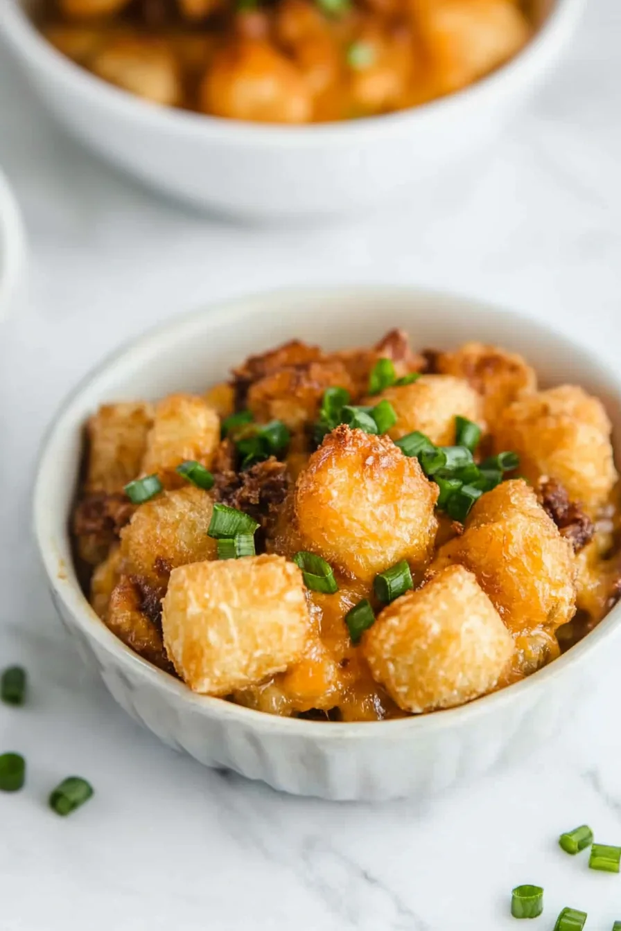 Close-up of a spoonful of hotdish with tater tots, ground beef, and vegetables.