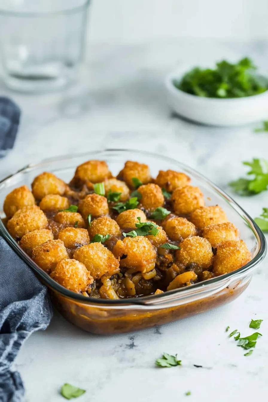 Tater tots arranged in neat rows over a cheesy casserole base.