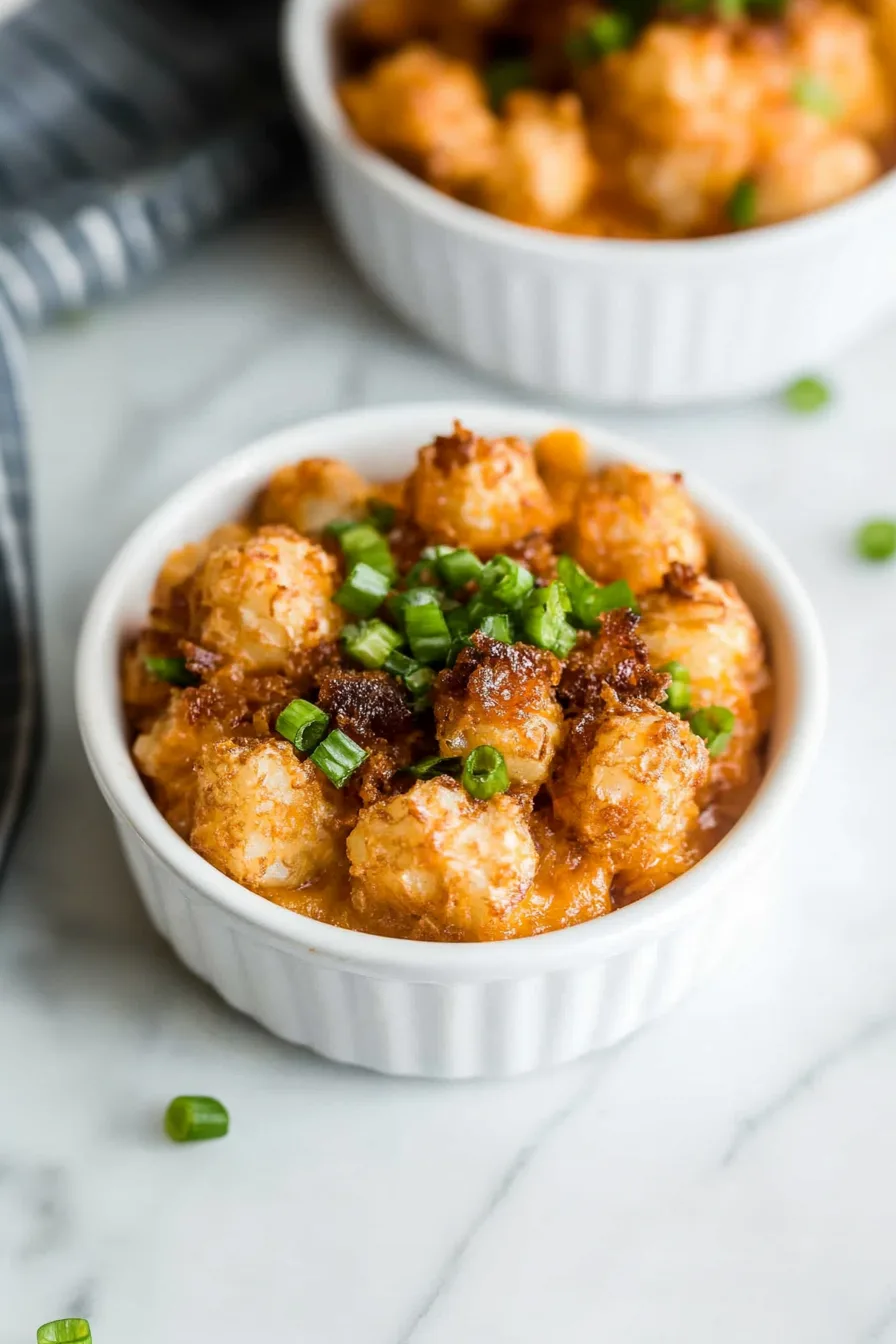 Casserole dish filled with golden, crispy tater tots baked on top of a creamy filling.