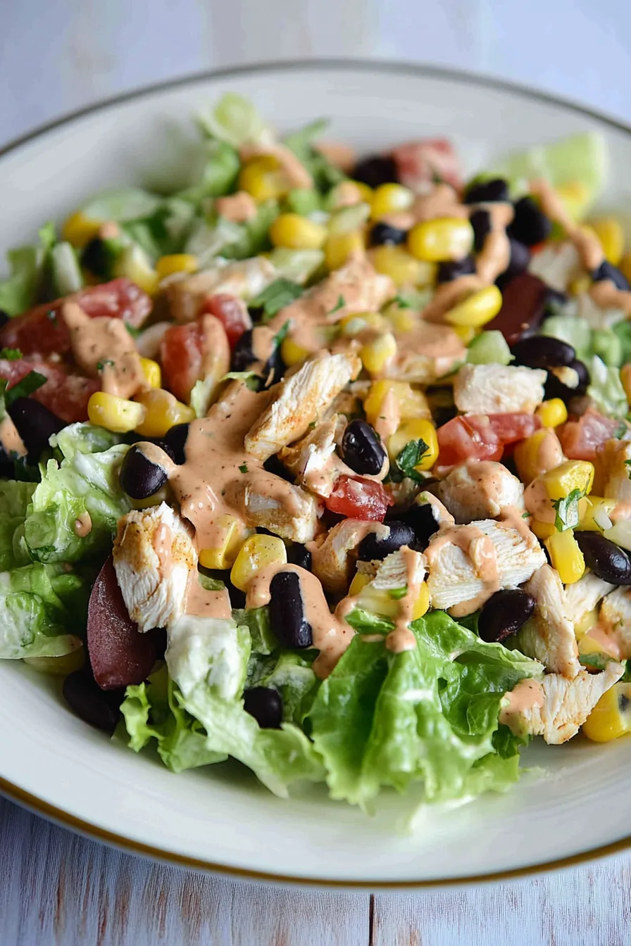Colorful salad topped with grilled chicken and corn