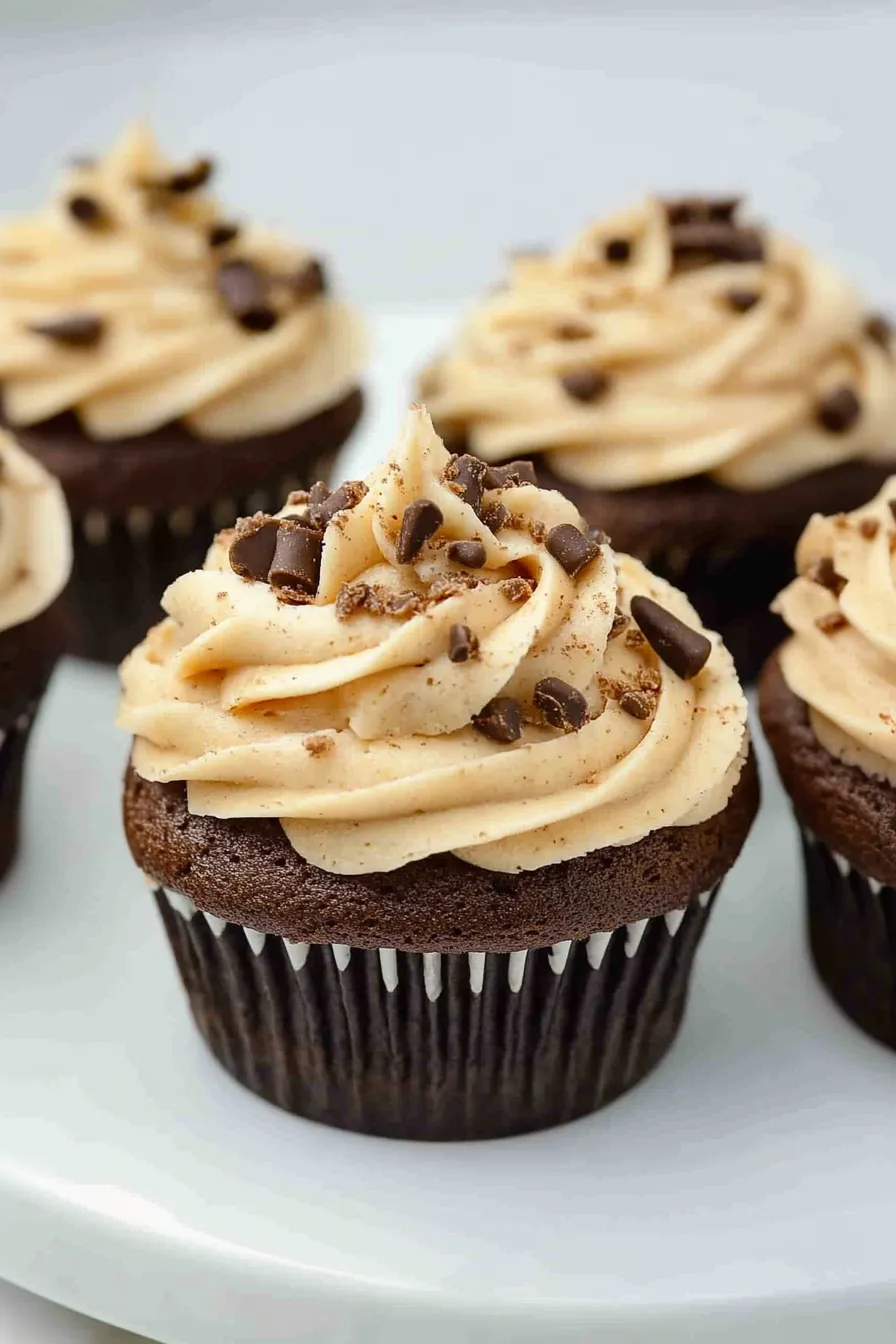 Side view of frosted desserts displayed on a white serving platter