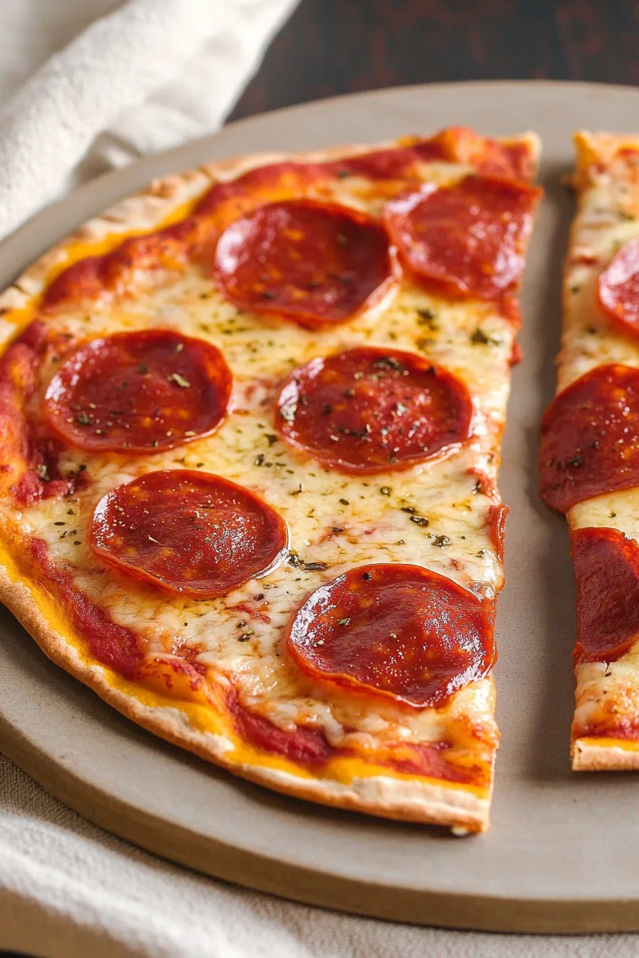 Close-up of a golden tortilla crust topped with melted cheese and pepperoni slices