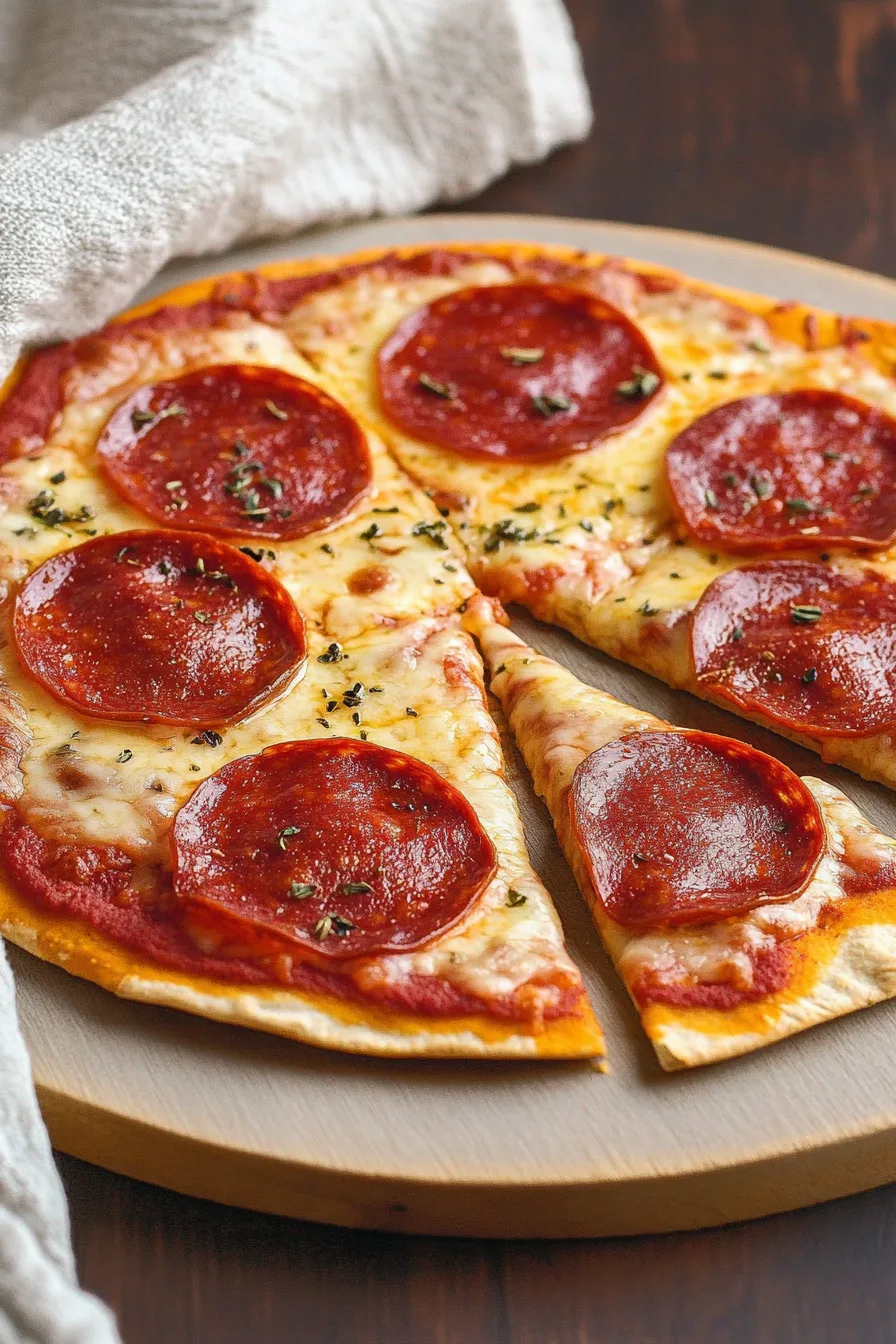 Crispy thin-crust pizza baked with pepperoni and gooey mozzarella
