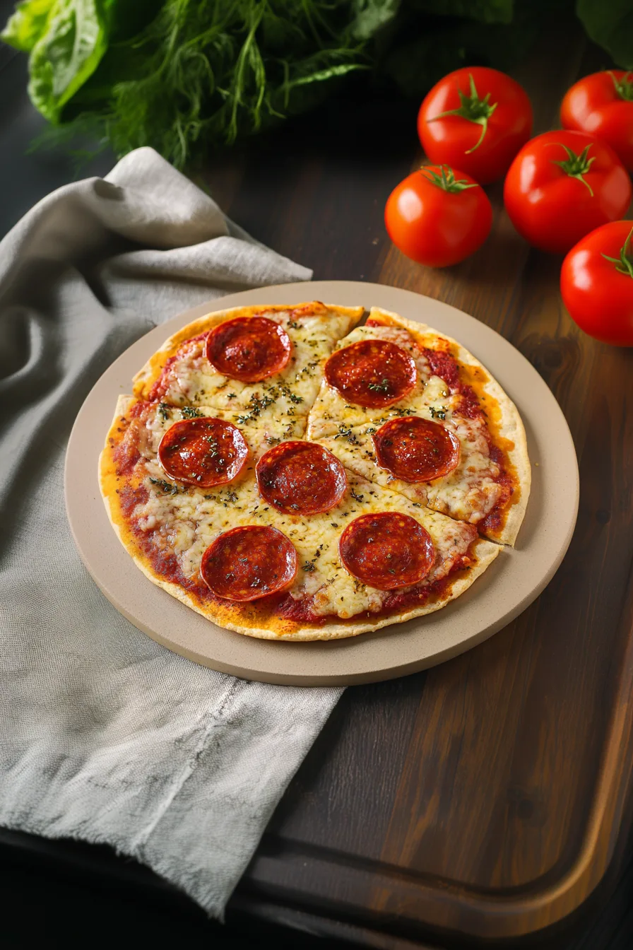 Simple homemade pizza with tortilla crust, melted cheese, and pepperoni