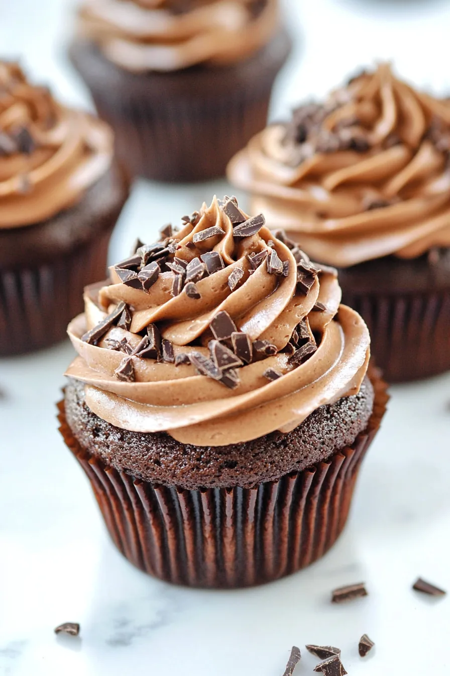Swirled frosting topped with chocolate shavings on a freshly baked treat