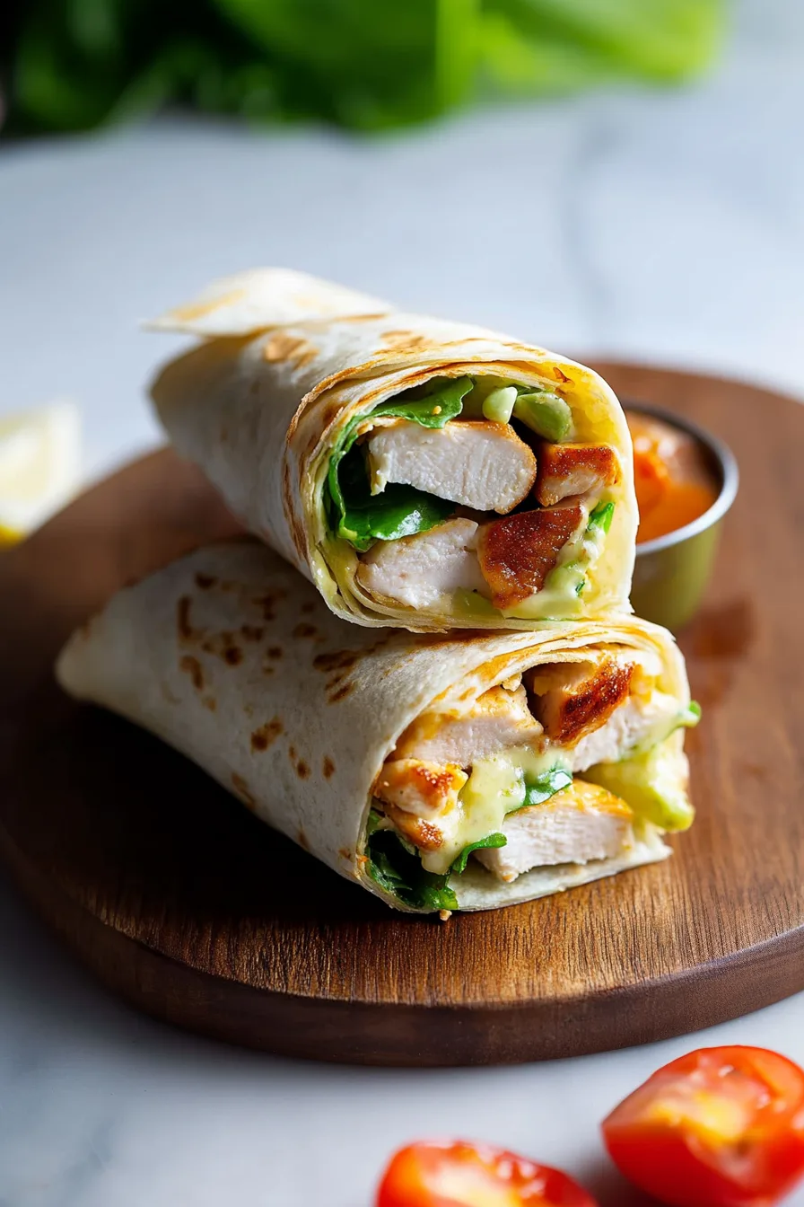 A sliced wrap showing layers of turkey, lettuce, and tomato.