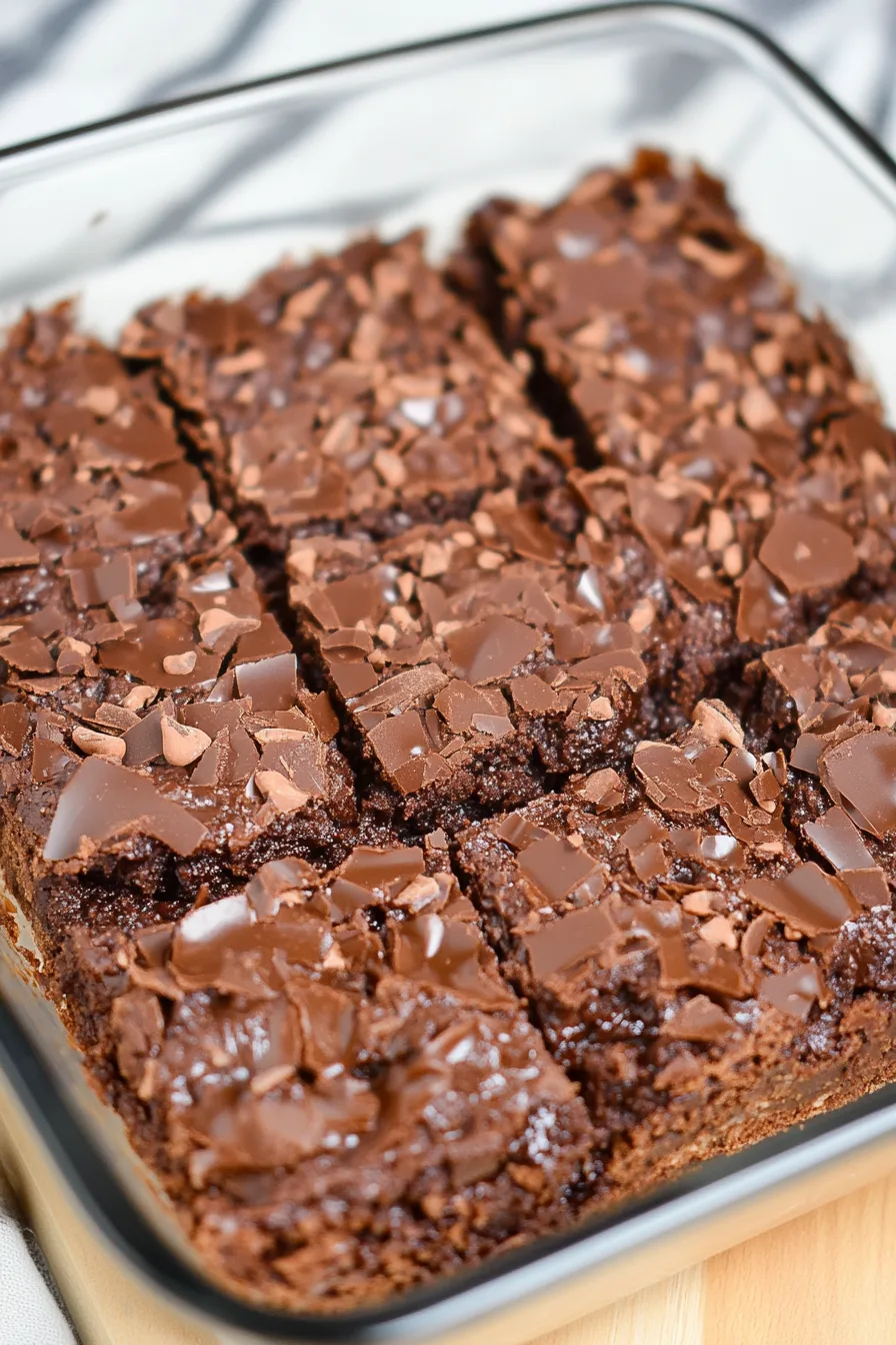 Decadent chocolate dessert cut into neat squares and ready to serve.