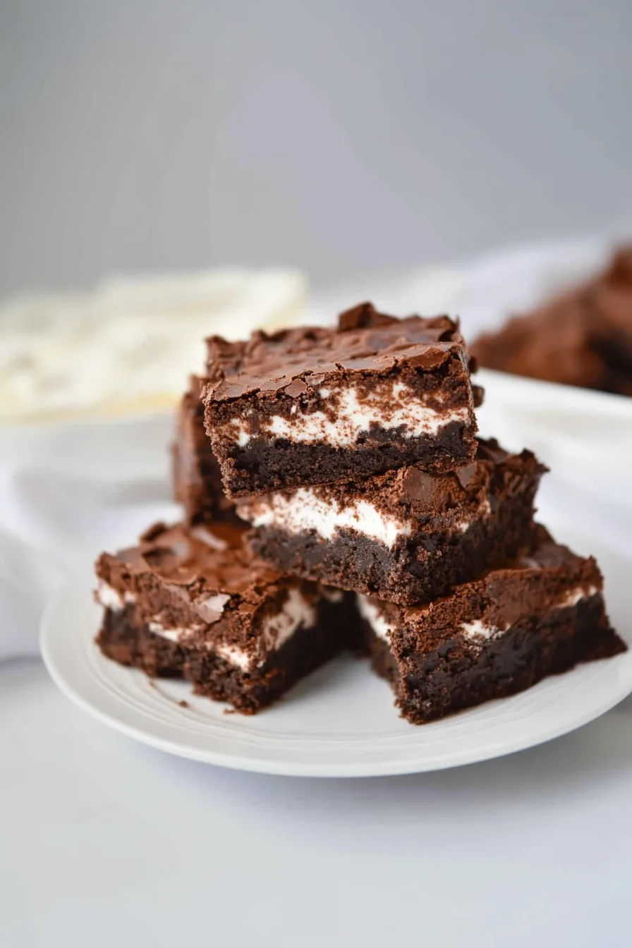 Stack of gooey chocolate brownies on a serving plate.
