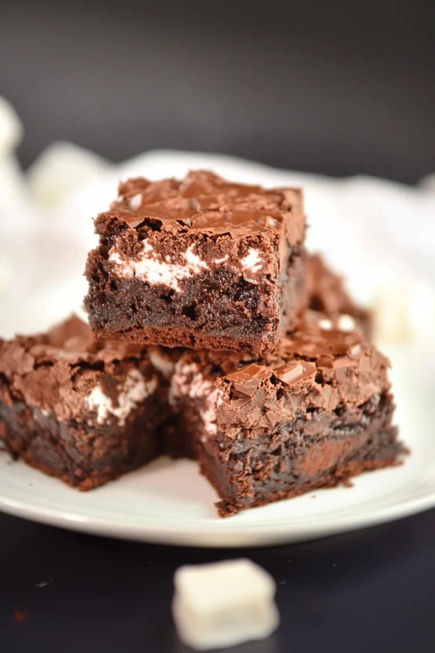 Fudgy brownies stacked on a plate with a rich chocolate drizzle on top.