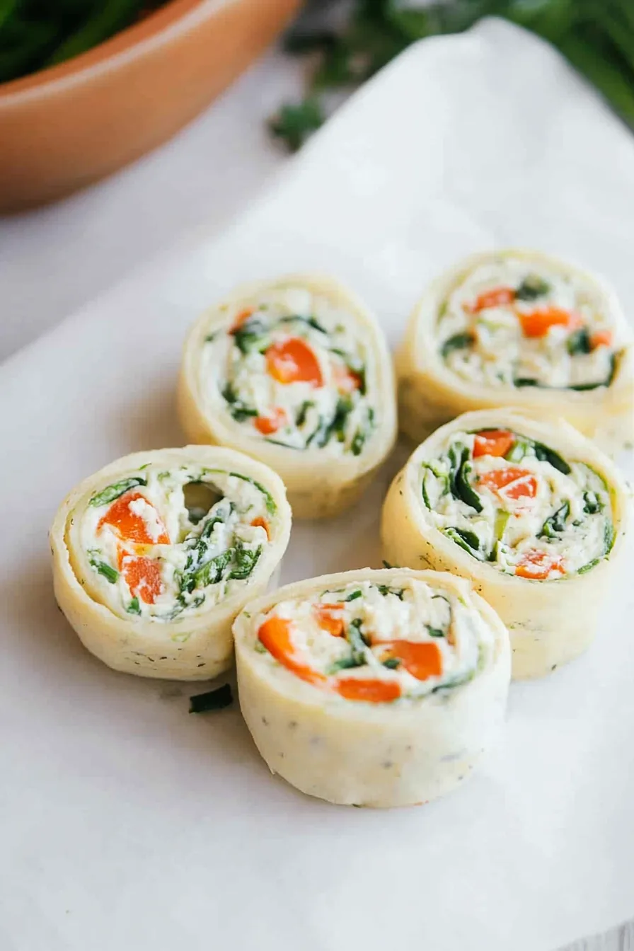 Rolled tortilla pieces with creamy filling, ready to serve.