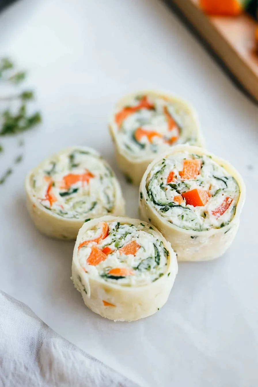 Close-up view of a sliced wrap showing vibrant veggie layers.