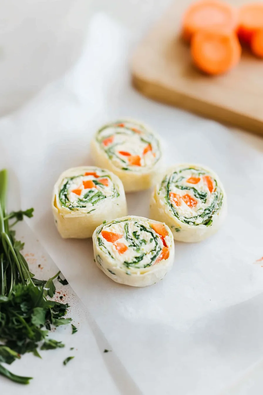 Close-up of rolled slices showing layers of fresh vegetables.