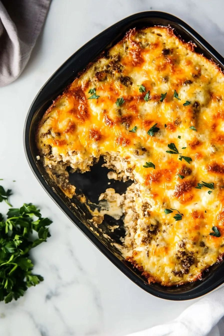 Cheesy egg and sausage casserole in a baking pan fresh from the oven.