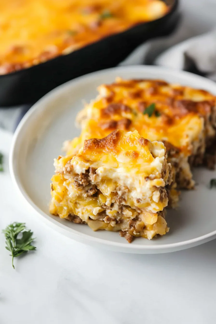 A golden-baked breakfast casserole topped with melted cheese and herbs in a white dish.