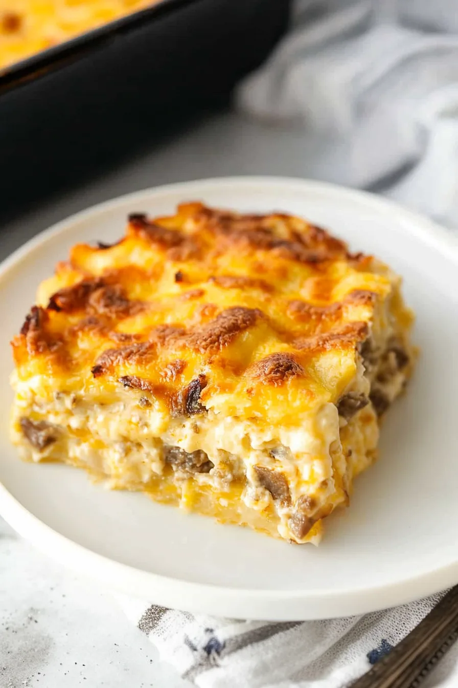 Close-up of a hearty egg casserole with sausage and melted cheese.
