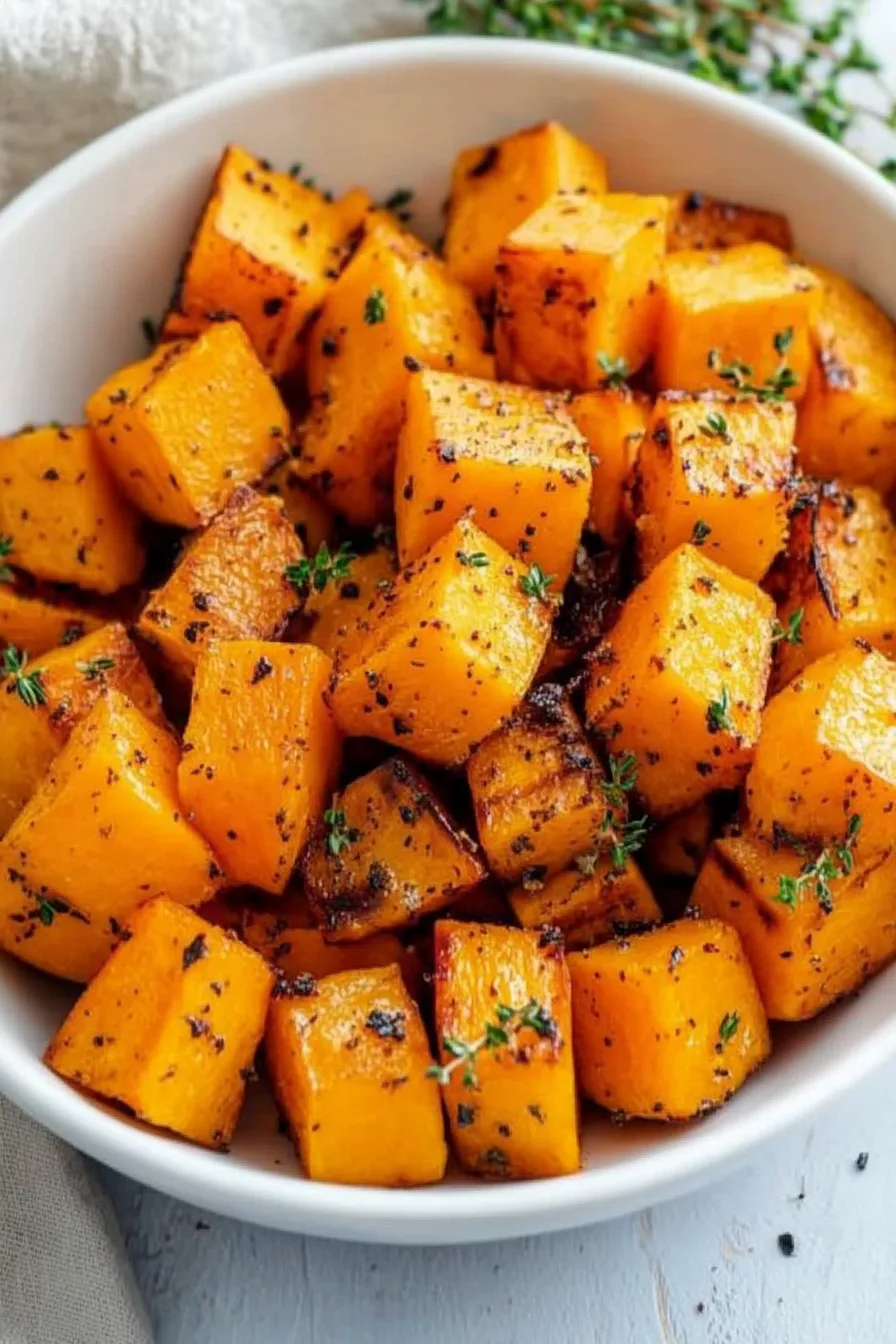 Bowl of roasted butternut squash cubes with fresh herbs sprinkled on top.