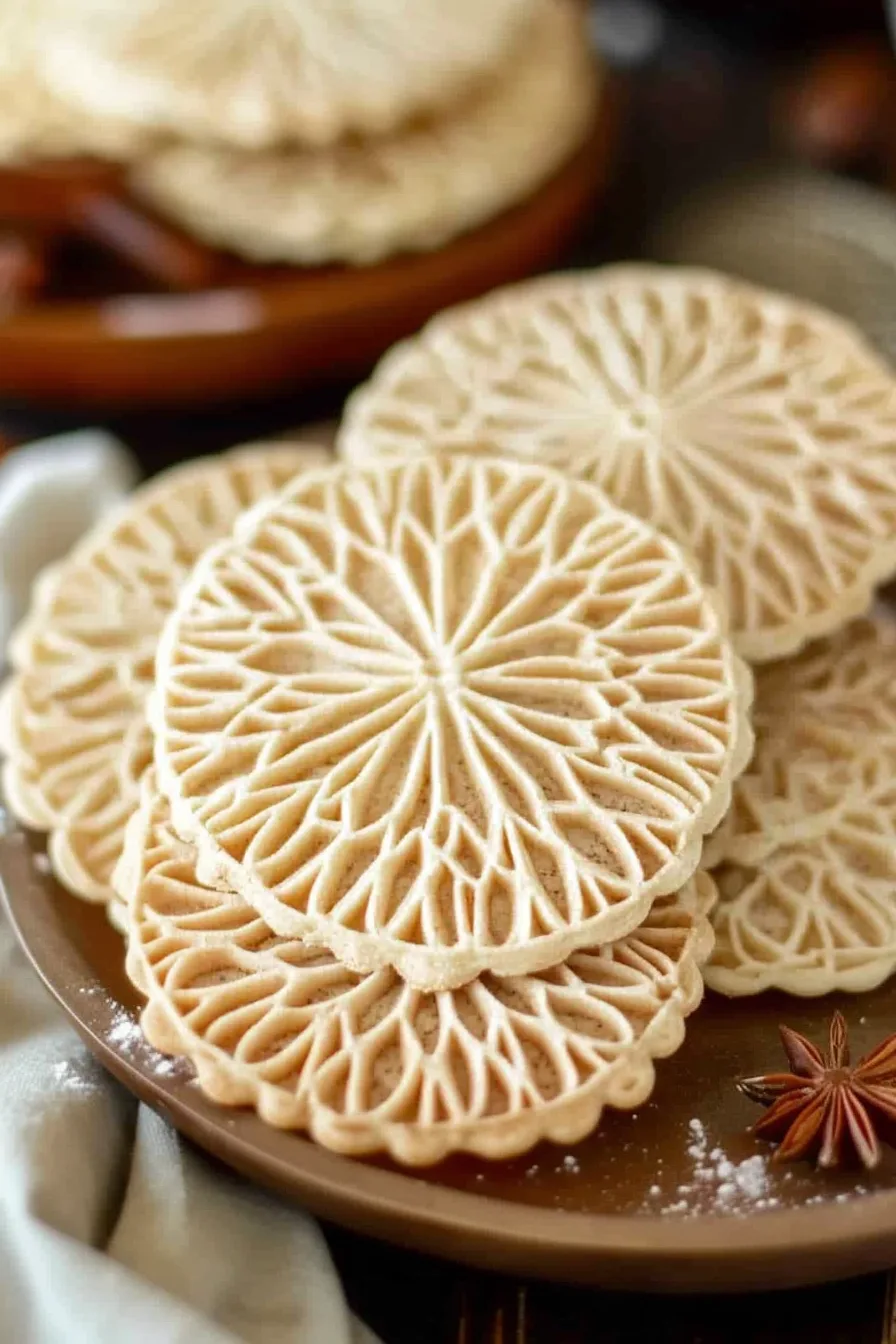 Stack of thin, round cookies with intricate patterns on a brown plate.