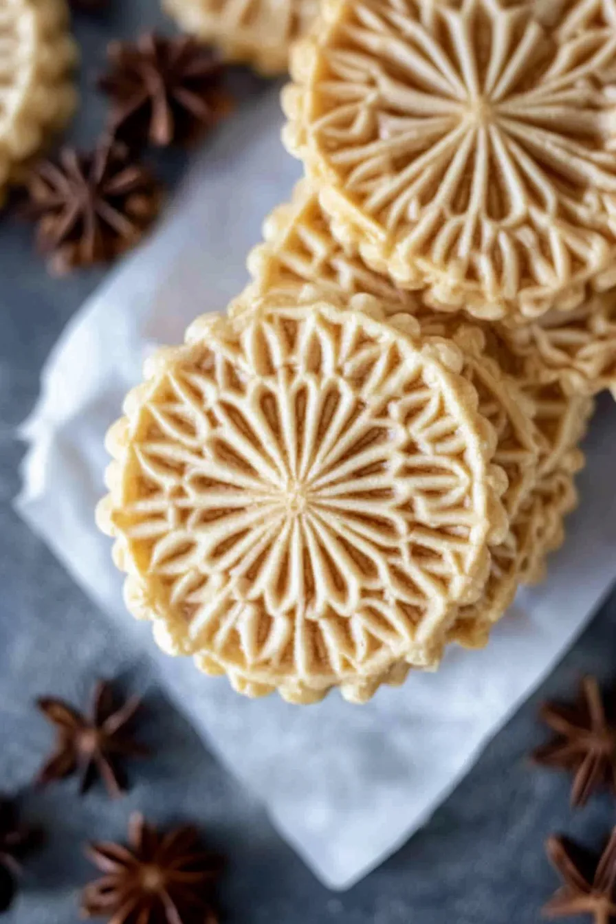 Crisp patterned cookies with a dusting of sugar, styled with star anise.