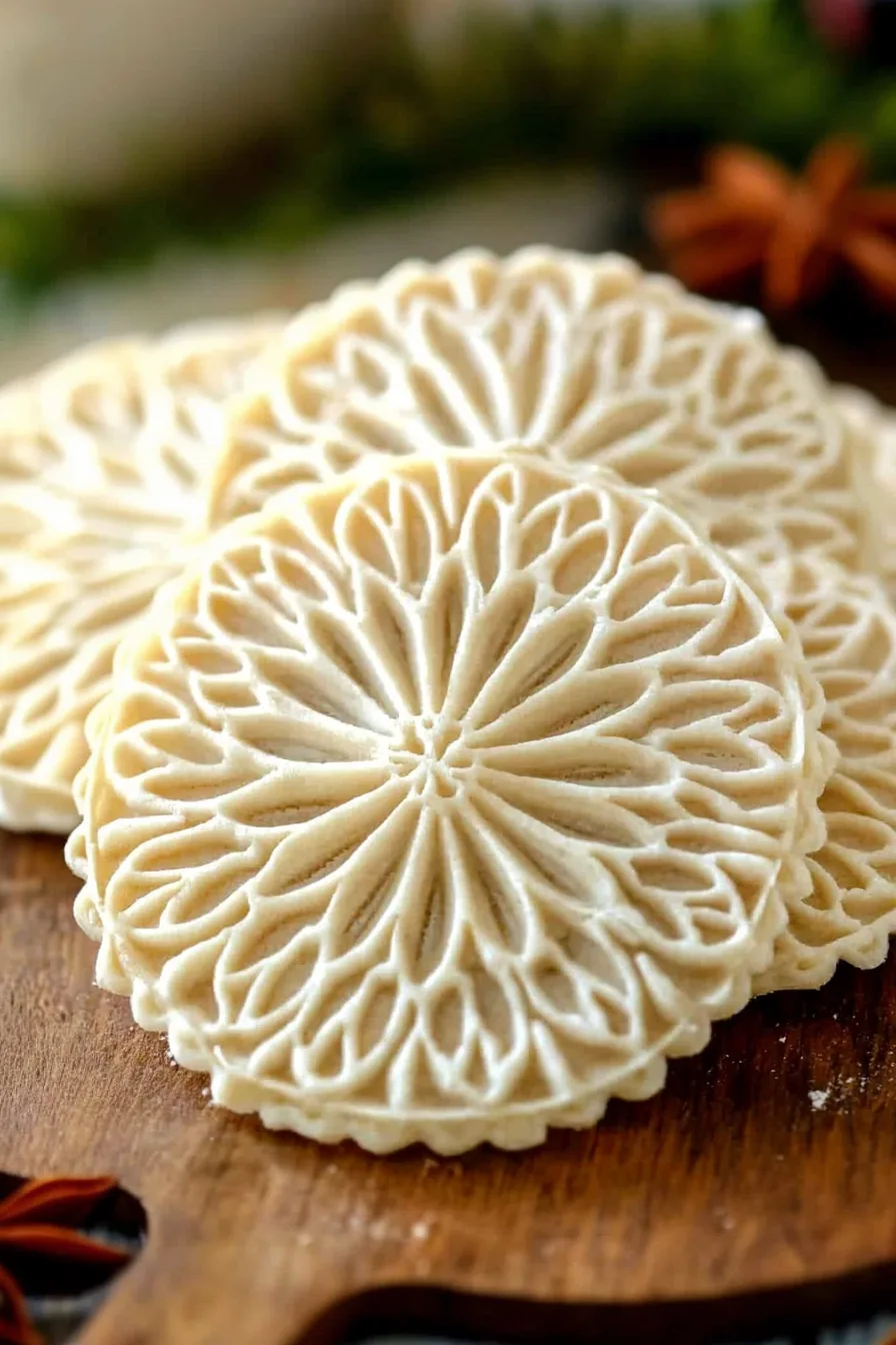 Traditional Italian waffle cookies arranged in overlapping layers on a serving dish.