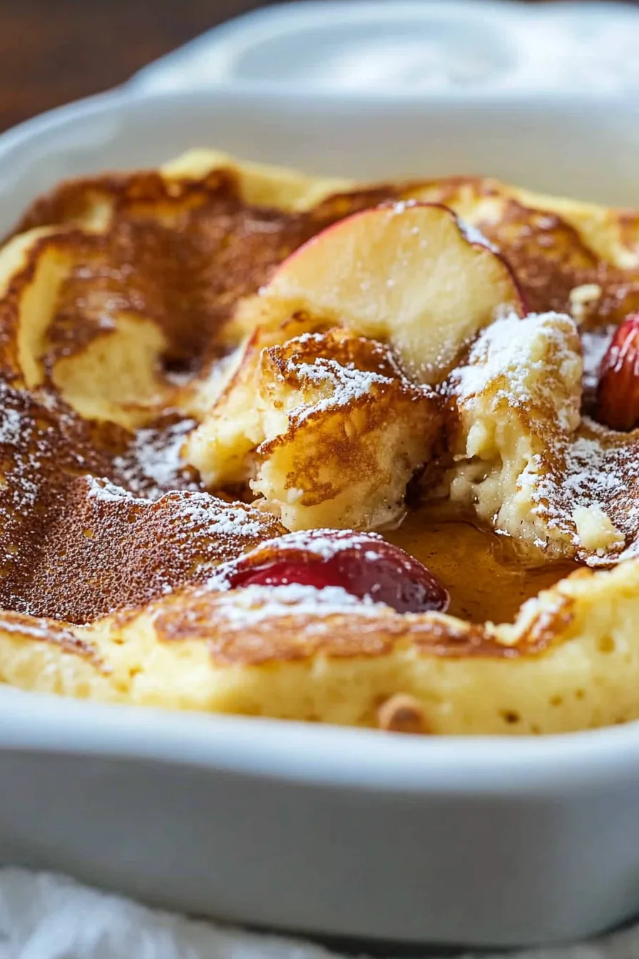 Close-up of a fluffy oven pancake topped with caramelized apples and a sprinkle of sugar