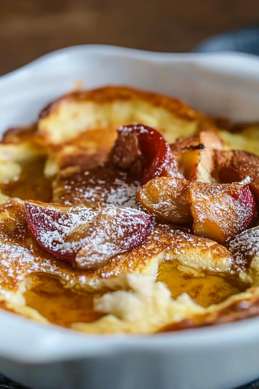 Rustic apple pancake served in a baking dish, golden edges and sugar on top
