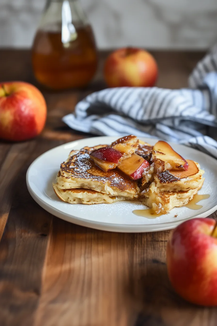 Baked German-style pancake with apple wedges and a light dusting of powdered sugar