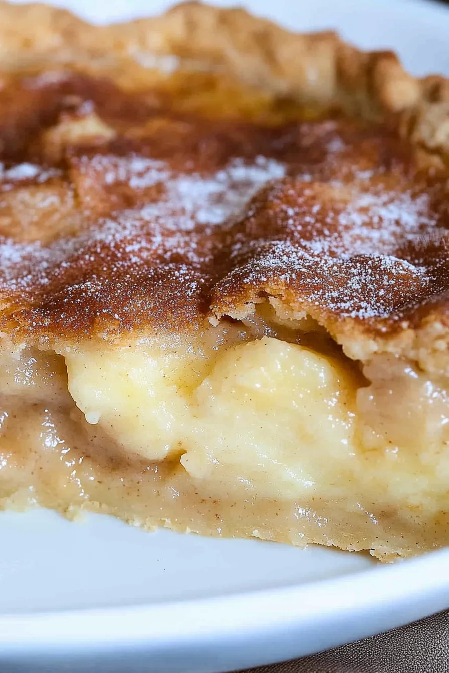 lose-up of a creamy pie with apple pieces and a flaky crust, served on a white plate.