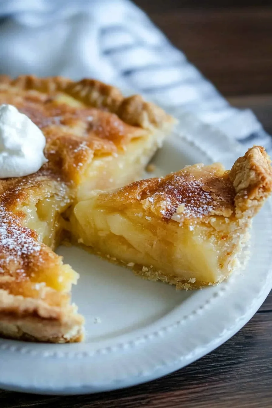 A golden-brown custard pie topped with baked apple slices on a rustic wooden table.