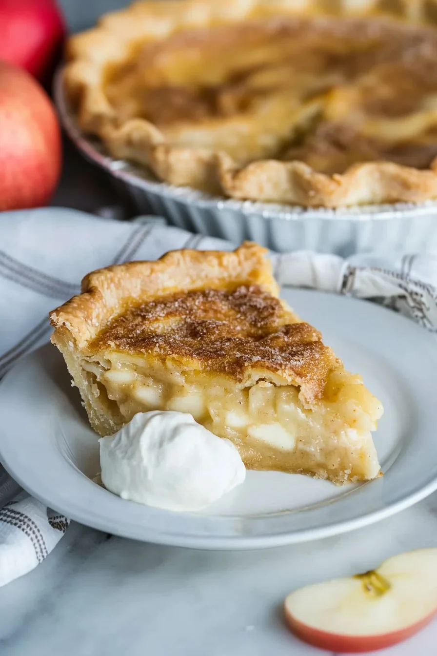 Slice of baked apple custard pie on a fork, showing the smooth, creamy texture.