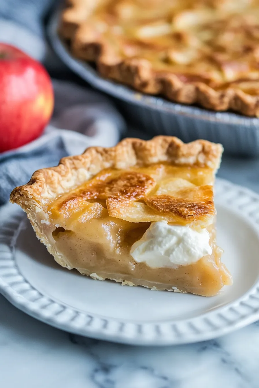 A pie with a glossy custard filling and tender apples, dusted lightly with sugar.