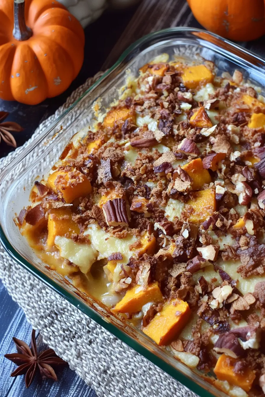 Comfort food casserole combining sweet apples, tender squash, and crunchy bits.