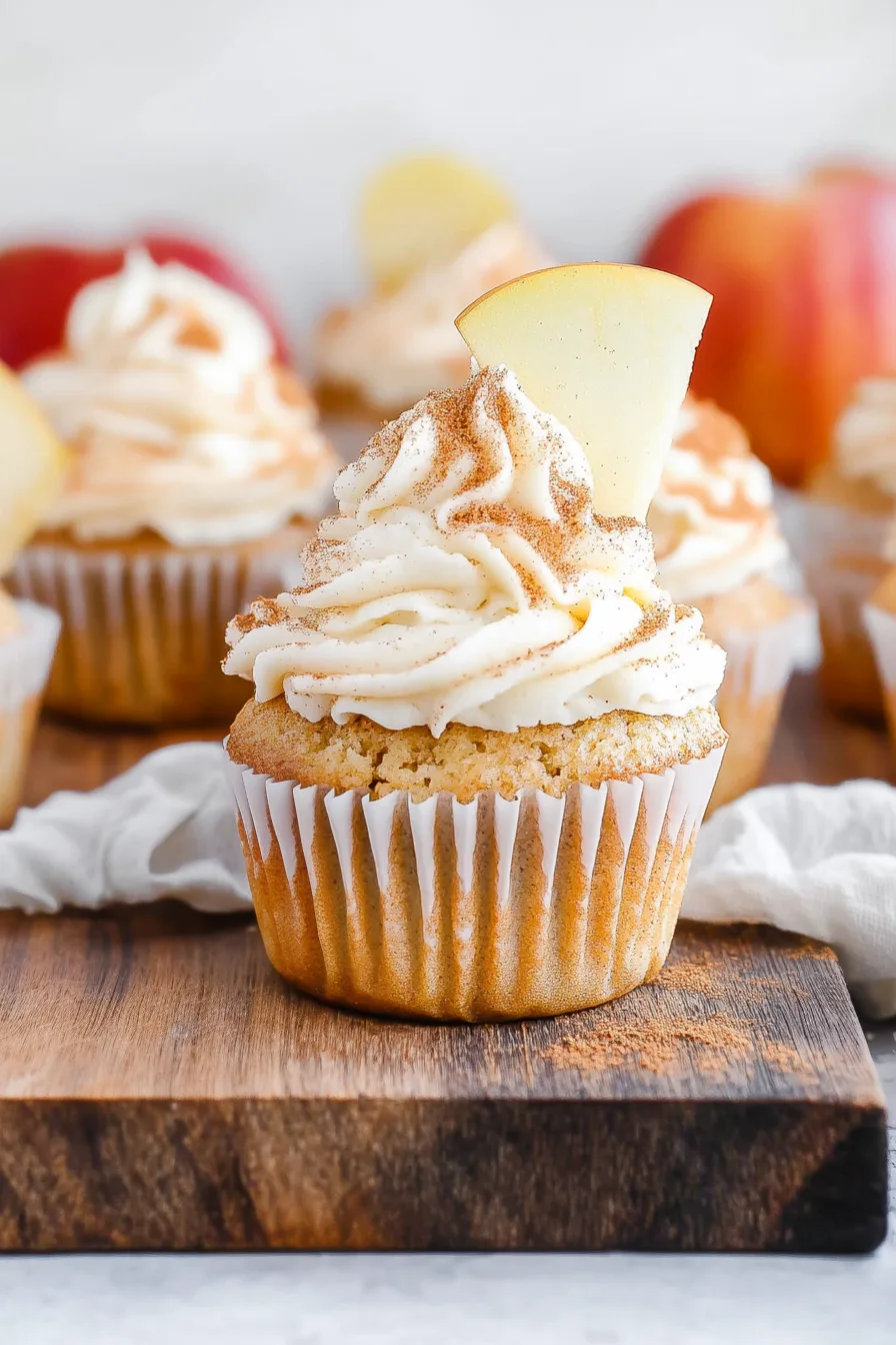 Apple cider cupcake garnished with a fresh apple slice and dusting of cinnamon.