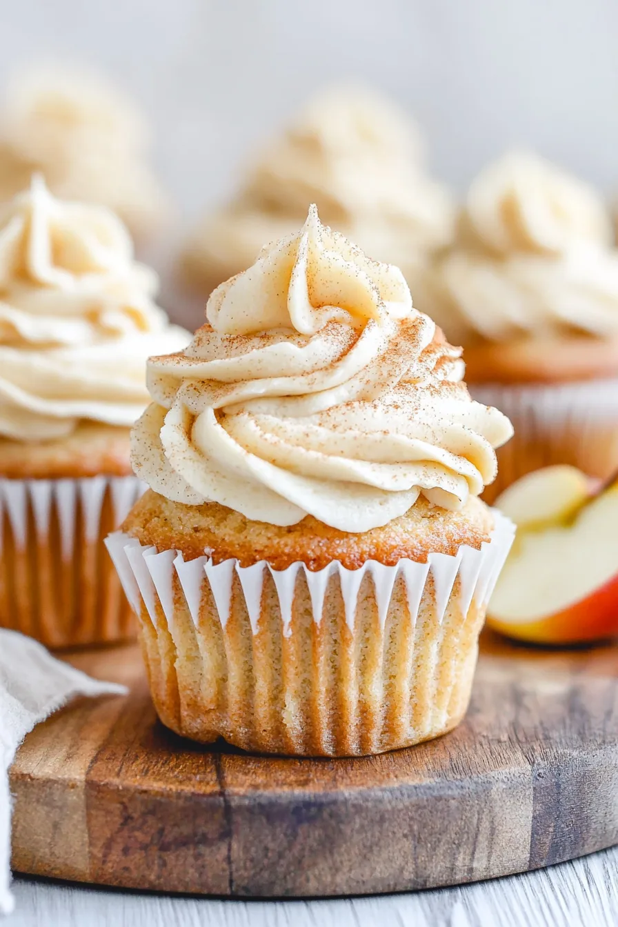 Spiced cupcake on a wooden board with creamy swirl frosting.