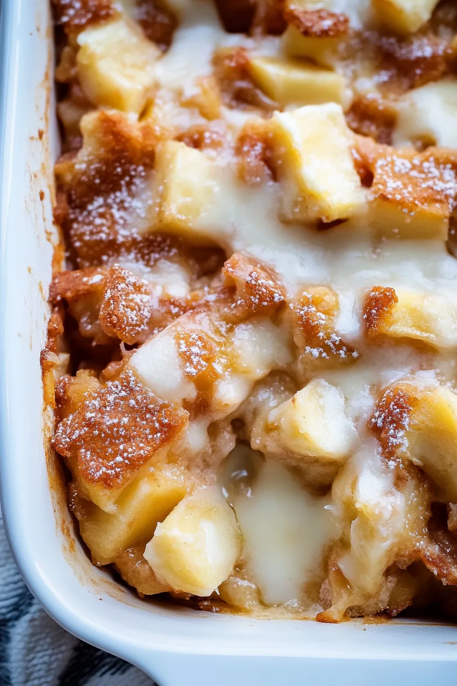 Close-up of golden baked apple chunks topped with sweet glaze.