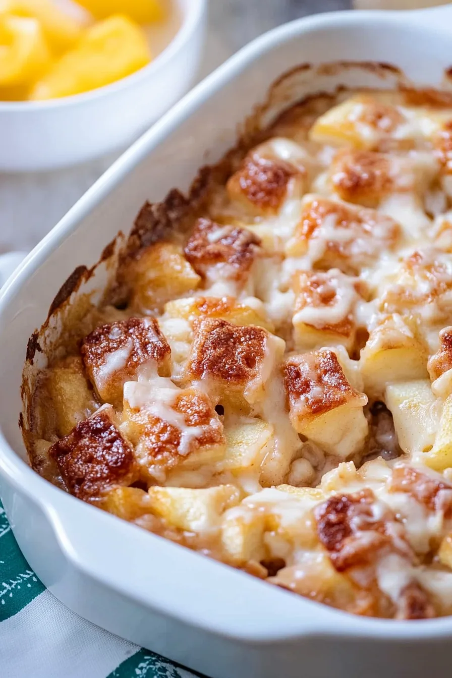 Freshly baked apple dessert casserole with a glossy icing finish.