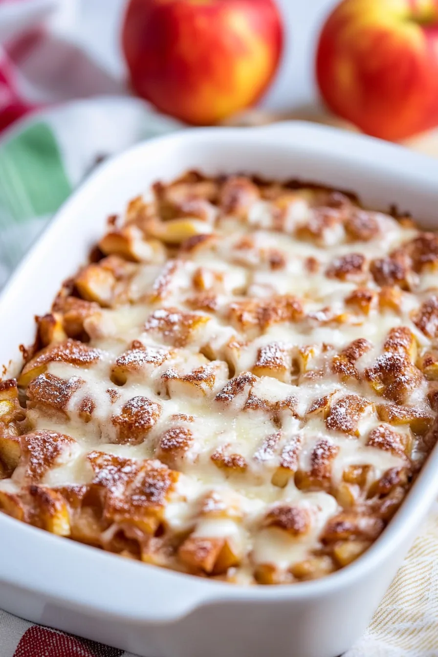 Golden brown apple pieces in a sweet, glazed breakfast bake.