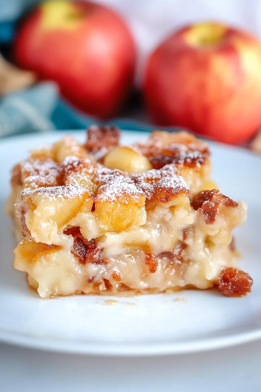 Warm breakfast casserole with caramelized apples and icing drizzle.