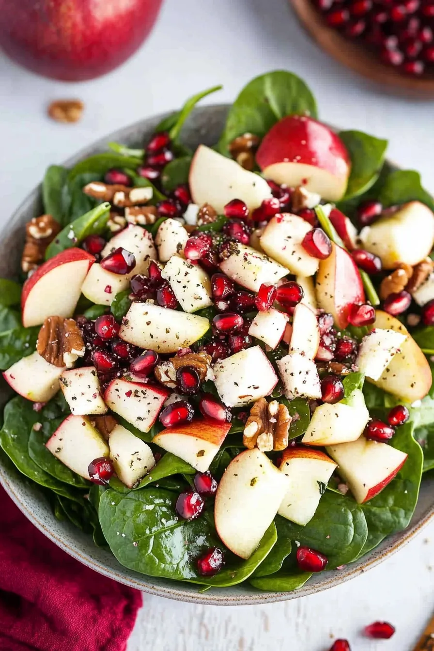 Overhead view of a fresh autumn salad with apples, pomegranate, and nuts.