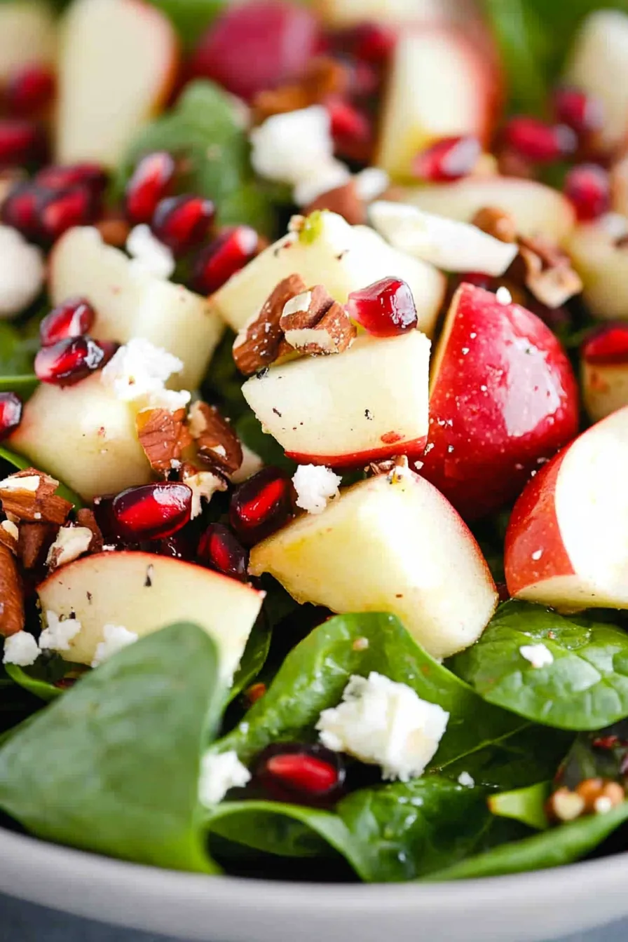 Close-up of vibrant salad with red pomegranate arils and thinly sliced apples.