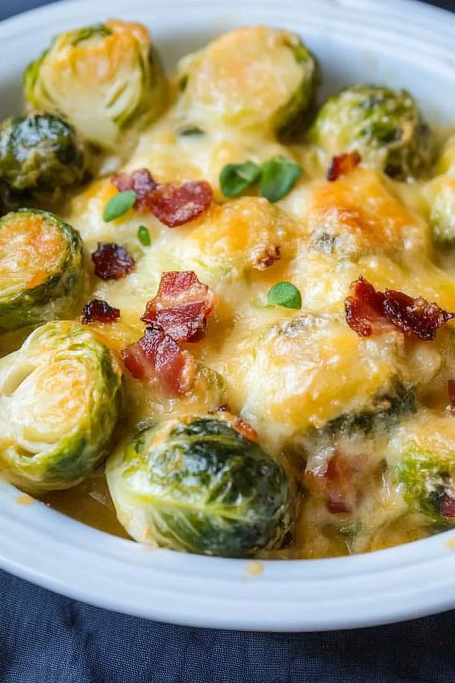 Close-up of roasted sprouts coated in a creamy sauce