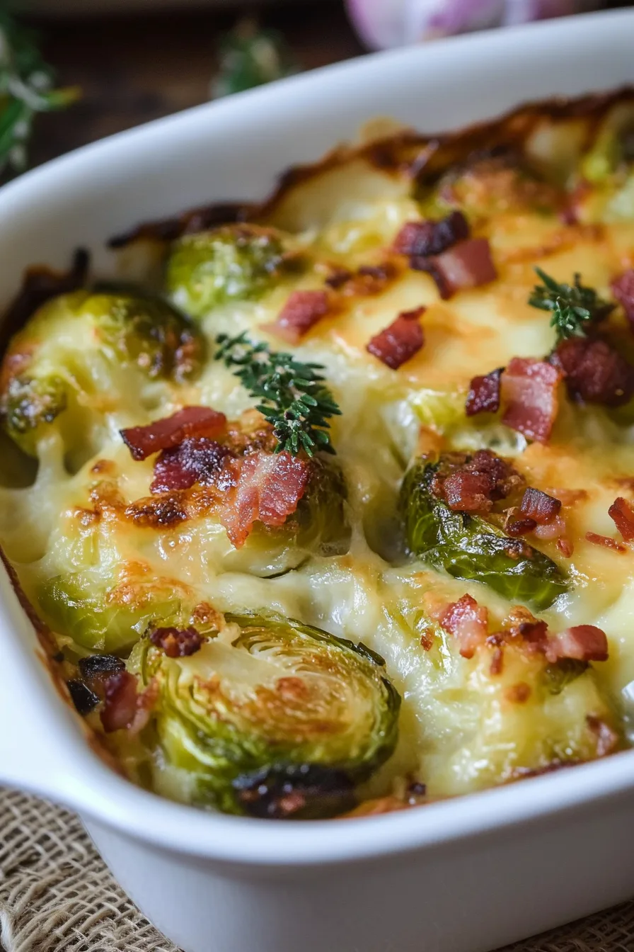 Golden gratin fresh from the oven in a white baking dish