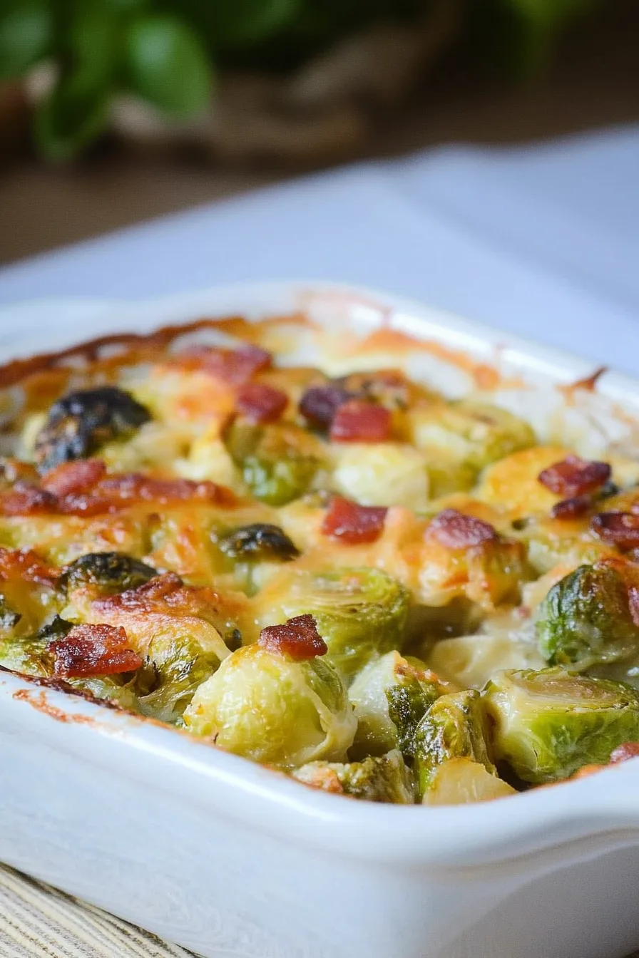 Cheesy baked Brussels sprouts with crispy bacon on top