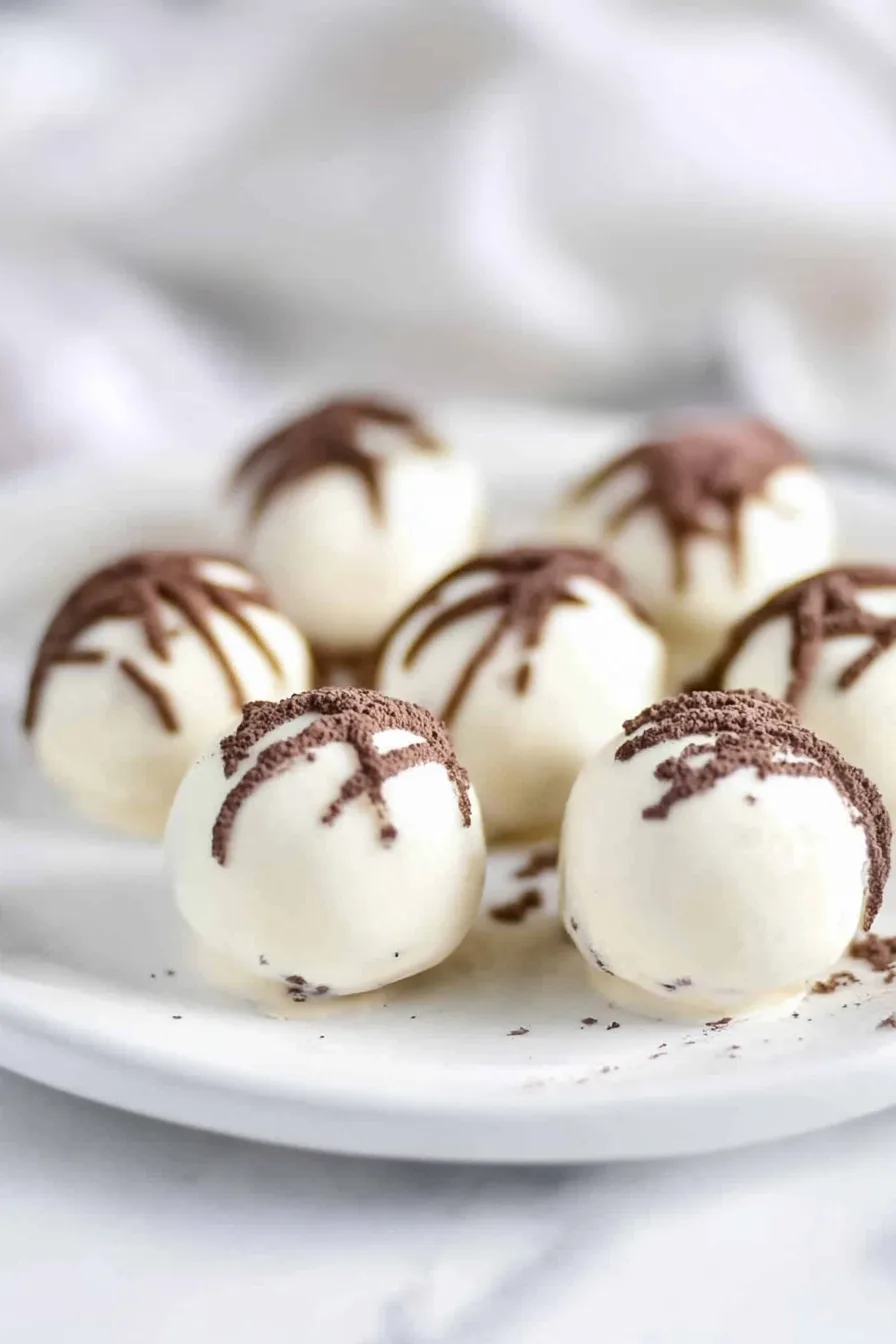 White chocolate–coated dessert balls drizzled with dark chocolate on a plate.