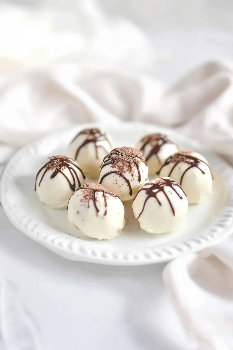 Elegant dessert balls served on a white plate with chocolate drizzle.