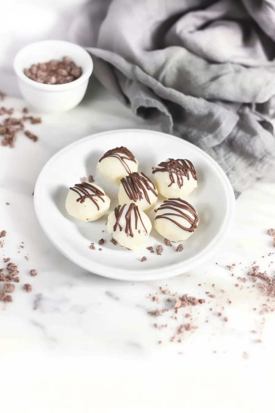 Plated treats with smooth white coating and scattered chocolate pieces around.