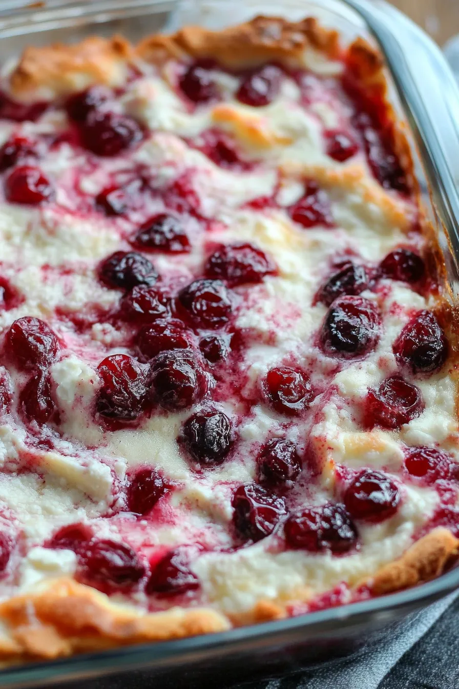 Close-up of a creamy baked dip with cranberries and melted cheese.